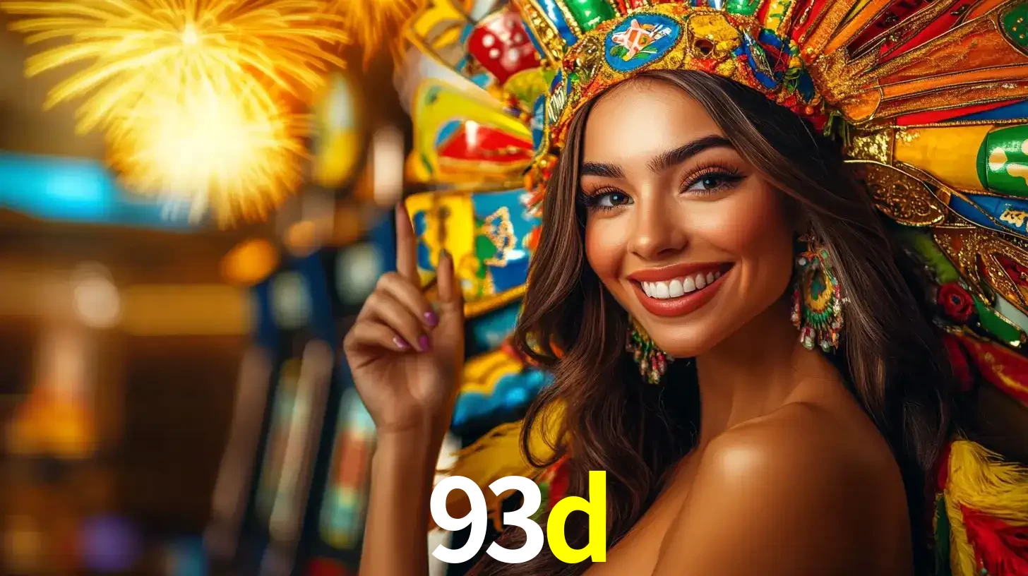 Mulher sorridente com um cocar de carnaval vibrante e colorido, celebrando uma grande vitória nos jogos do cassino 93d com fogos de artifício ao fundo.