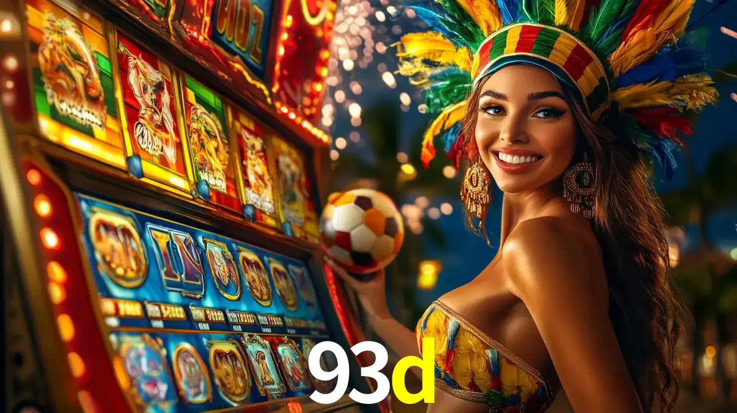 Mulher com um cocar de carnaval ao lado de uma máquina de caça-níqueis enquanto segura uma bola de futebol, mostrando a união da diversão de cassino e esportes no 93d.