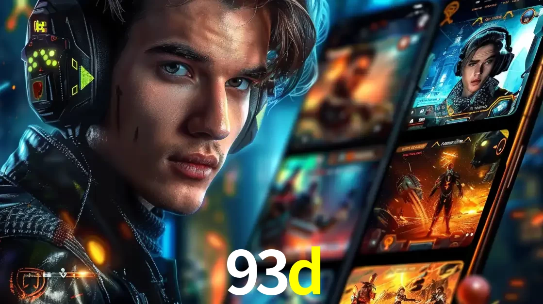 Jovem jogador com fones de ouvido olhando para a câmera, com um aplicativo de jogos e e-sports para celular ao fundo, pronto para a competição e apostas no 93d.