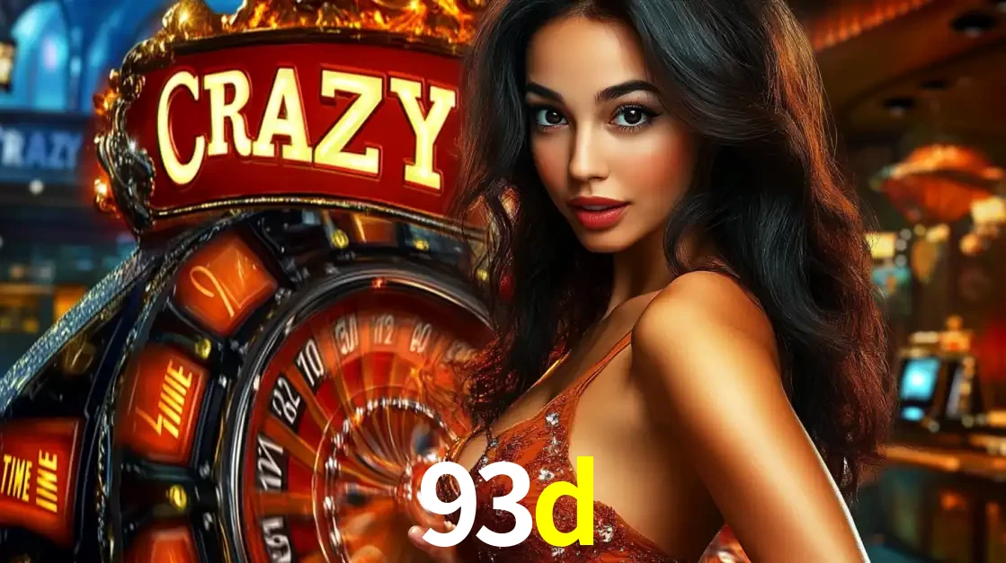 Mulher glamourosa olhando para a câmera com a roda vermelha do Crazy Time ao fundo em um ambiente de cassino, destacando a emoção dos jogos ao vivo no 93d.