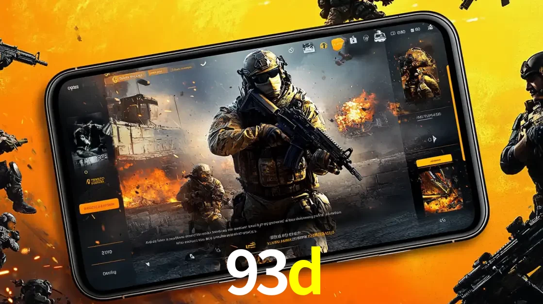 Um smartphone exibindo a interface de um jogo de tiro em primeira pessoa, com um soldado em um cenário de batalha, representando a ação dos e-sports para apostar no 93d.