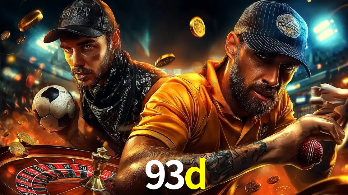 Montagem de apostas esportivas e cassino no 93d, com um homem segurando uma bola de futebol e outro uma de beisebol sobre uma roleta e moedas voadoras.