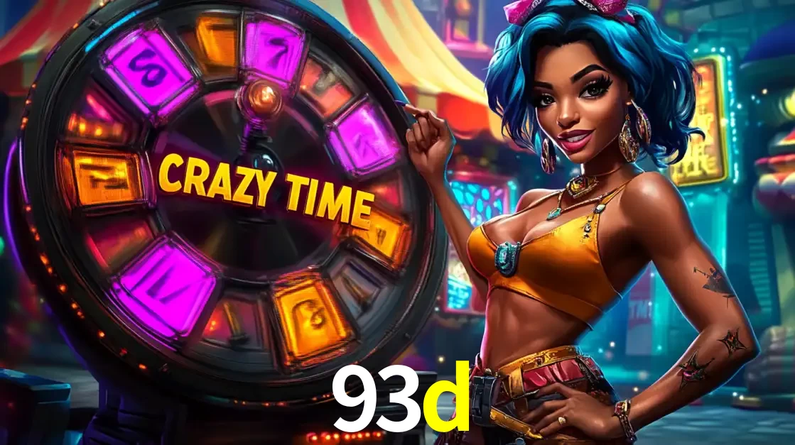 Mulher estilizada com cabelo azul e visual vibrante posando ao lado da roda de prêmios do game show Crazy Time, convidando para a diversão e os bônus do cassino 93d.