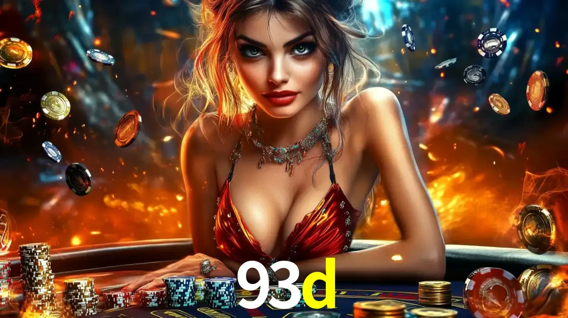 Mulher em uma mesa de cassino com pilhas de fichas e um fundo de fogo, pronta para uma rodada de altas apostas nos jogos de mesa emocionantes do cassino 93d.