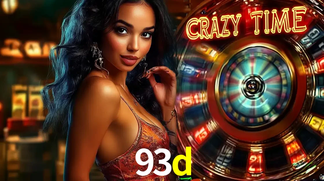 Mulher elegante ao lado da vibrante roda da fortuna do jogo de cassino ao vivo Crazy Time, um dos game shows mais populares e cheios de prêmios do 93d.