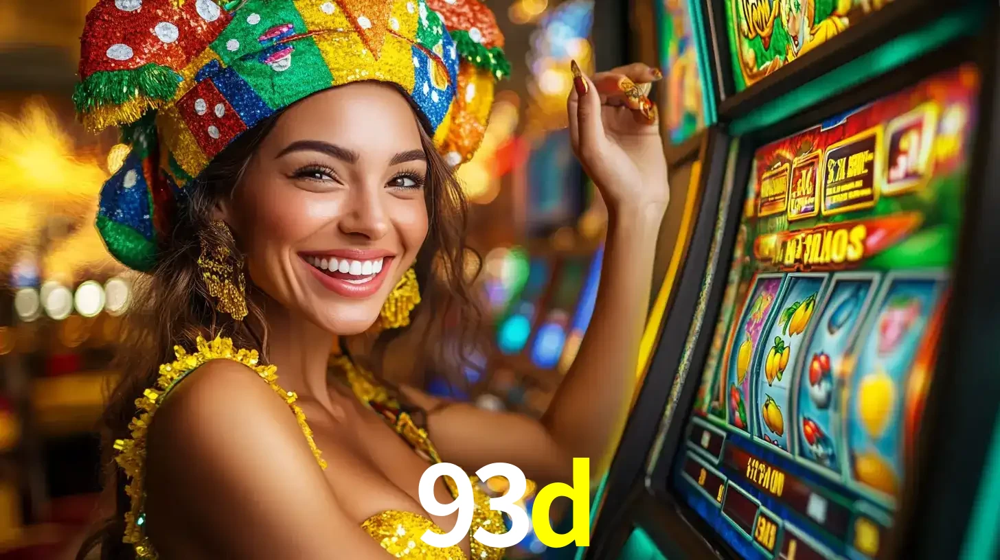 Mulher feliz com traje de carnaval amarelo e colorido ao lado de uma máquina de caça-níqueis, aproveitando a diversão e os jogos temáticos do cassino 93d.