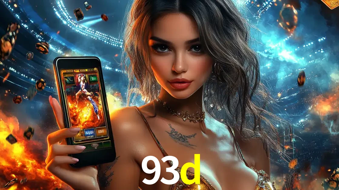 Mulher segurando um celular com um jogo de slot em destaque, tendo como fundo um estádio vibrante, simbolizando a emoção de jogar no cassino móvel 93d.