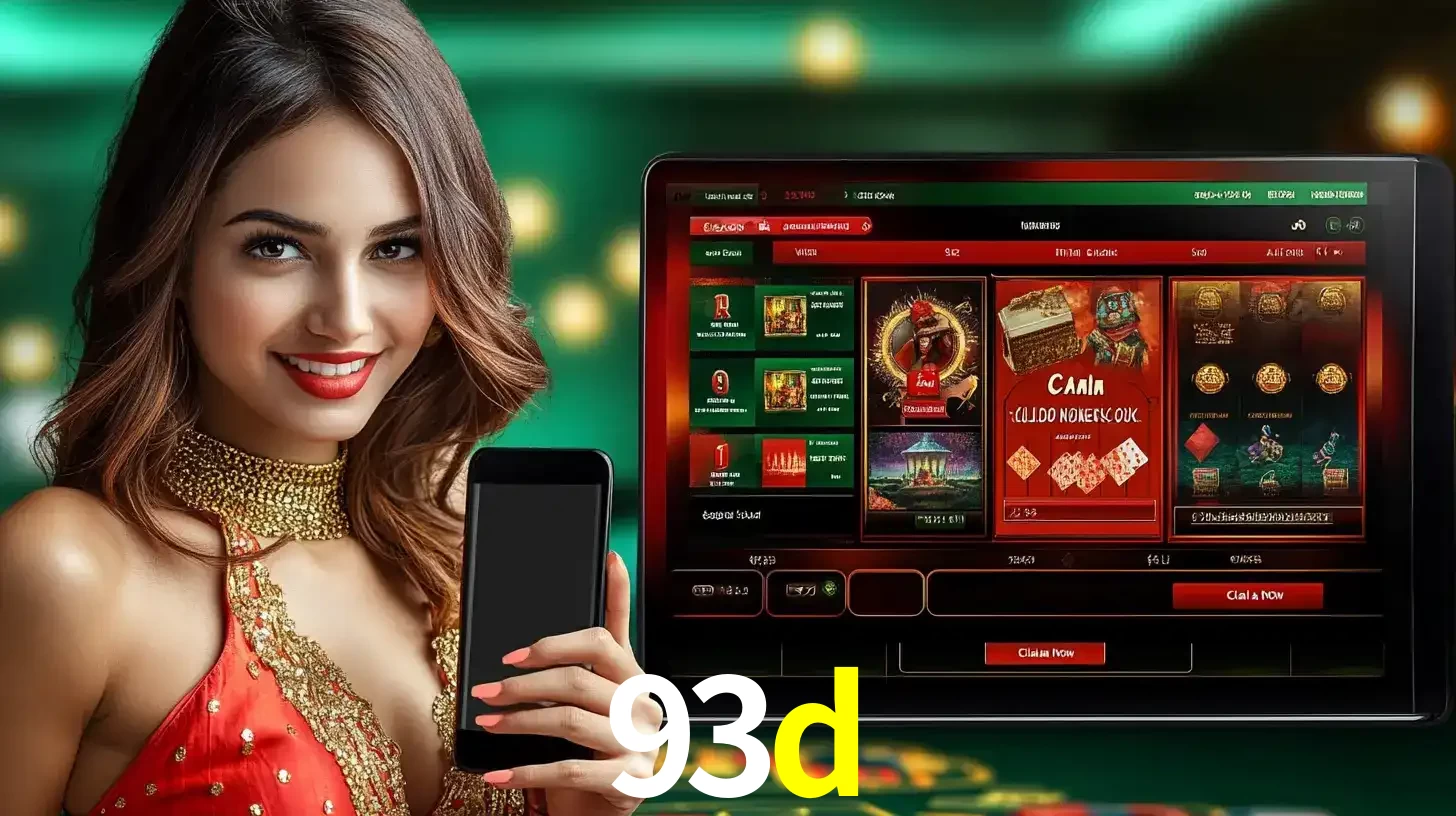 Mulher sorridente segurando um smartphone, ao lado de uma tela exibindo o lobby de jogos do cassino online 93d, com várias opções de jogos de cartas e slots.